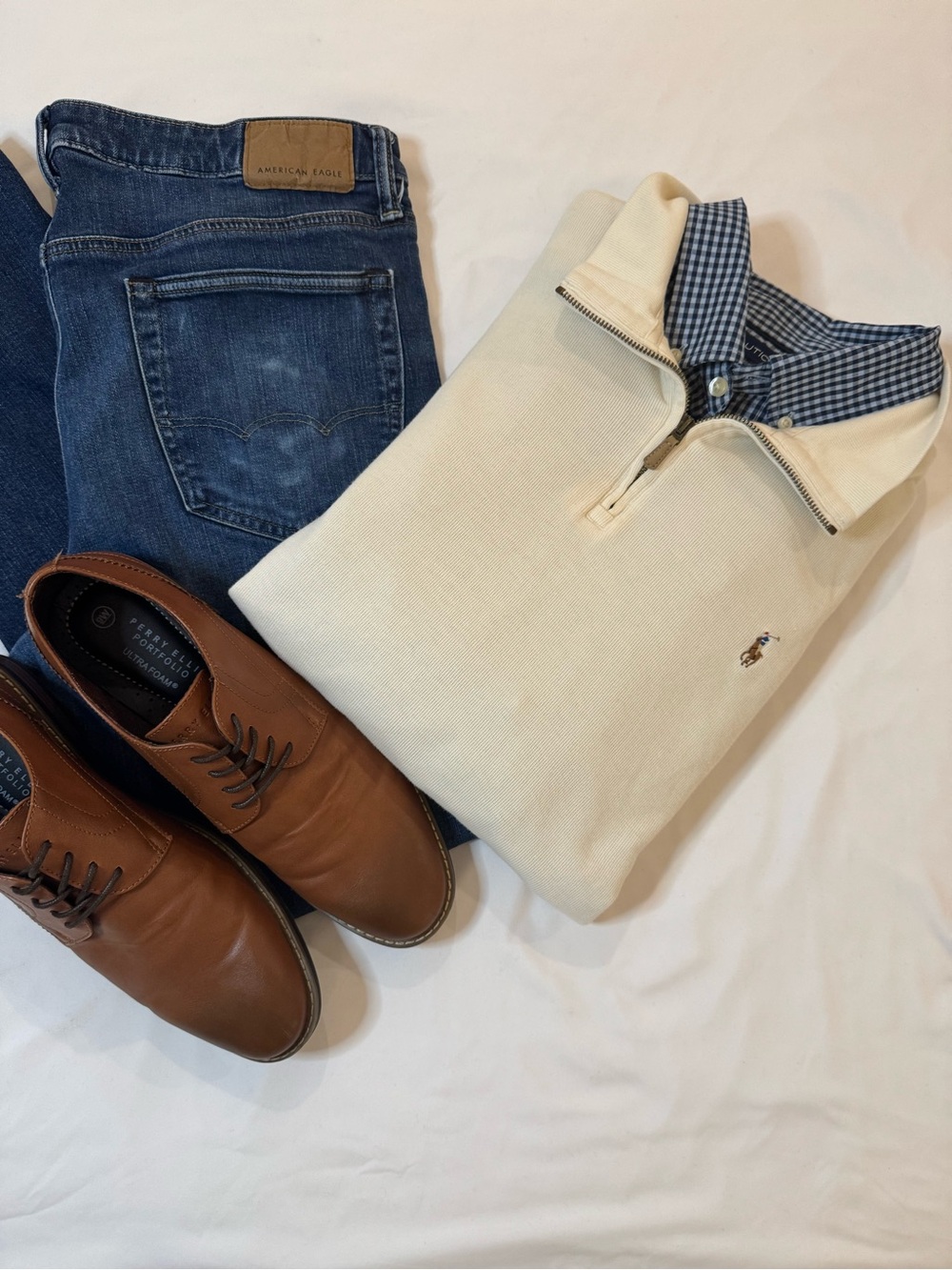 Polo by Ralph Lauren Cream Half-Zip Pullover with Navy Gingham Collar